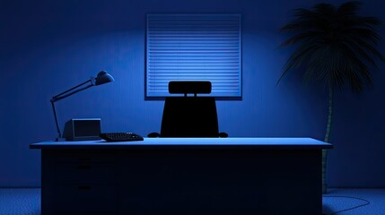 Minimalist office interior with desk chair and lamp in blue tones