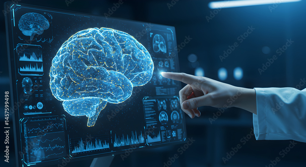 Poster doctor interacting with a 3d brain scan on a monitor displaying anatomical data in dark blue backgro