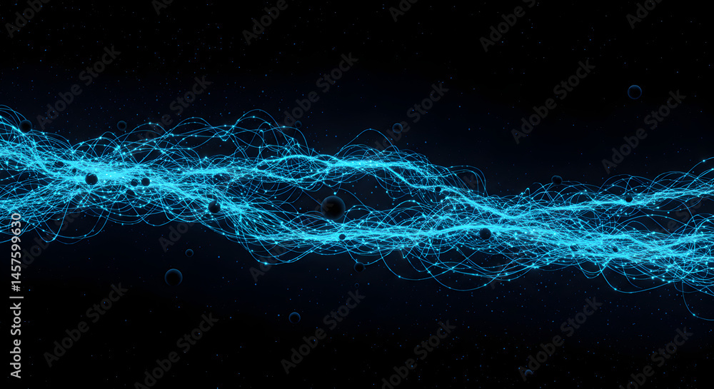 Poster dynamic swirling line of luminous blue particles on a deep black background creates depth and moveme