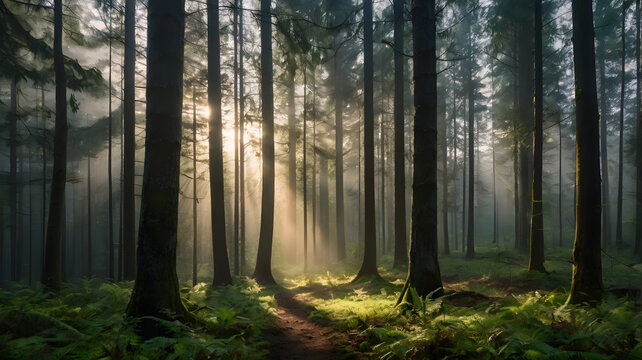 sun rays in the forest - Powered by Adobe
