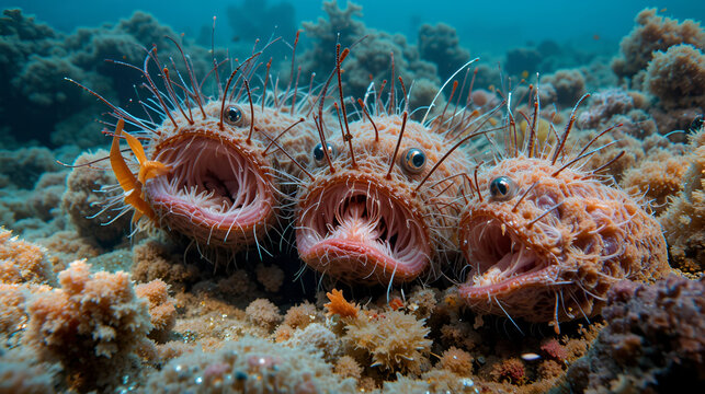 Group of fireworms eat dead fish. Bearded Fireworm (Hermodice carunculata) Underwater shot. Mediterranean Sea, Europe.