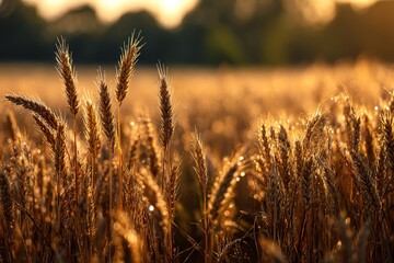 detailed shot of golden wheat field with warm sunlight and distant forest bokeh, late afternoon countryside mood