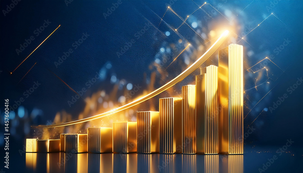 Poster golden bar graph with a glowing upward trend line, surrounded by blue data visualizations. generativ