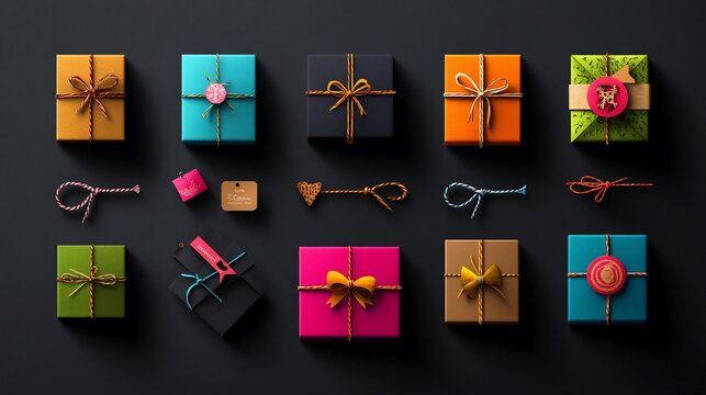 Colorful wrapped gifts with string and decorations on a dark background