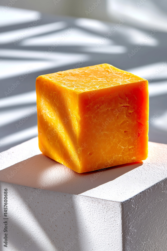Poster vibrant cheddar cheese block with sharp edges positioned on smooth white surface. natural light crea