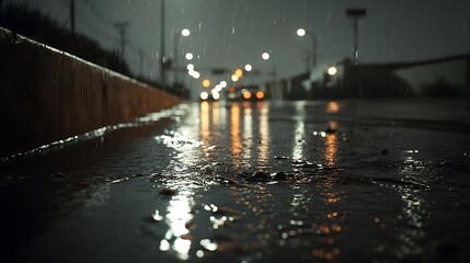 雨に濡れる夜道と車のライトの反射