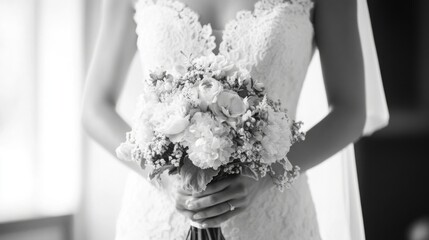 bride in lace vintage wedding dress, holding handmade bouquet