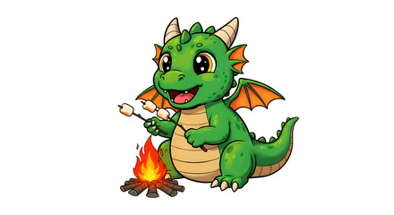 Fototapeta premium Cute Green Cartoon Dragon Roasting Marshmallows over Campfire
