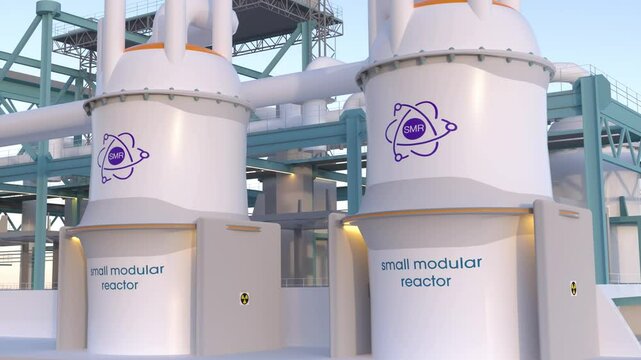 concept of a SMR small modular nuclear reactor power plant on a sunny day. SMR is a future energy concept. 3d rendering.