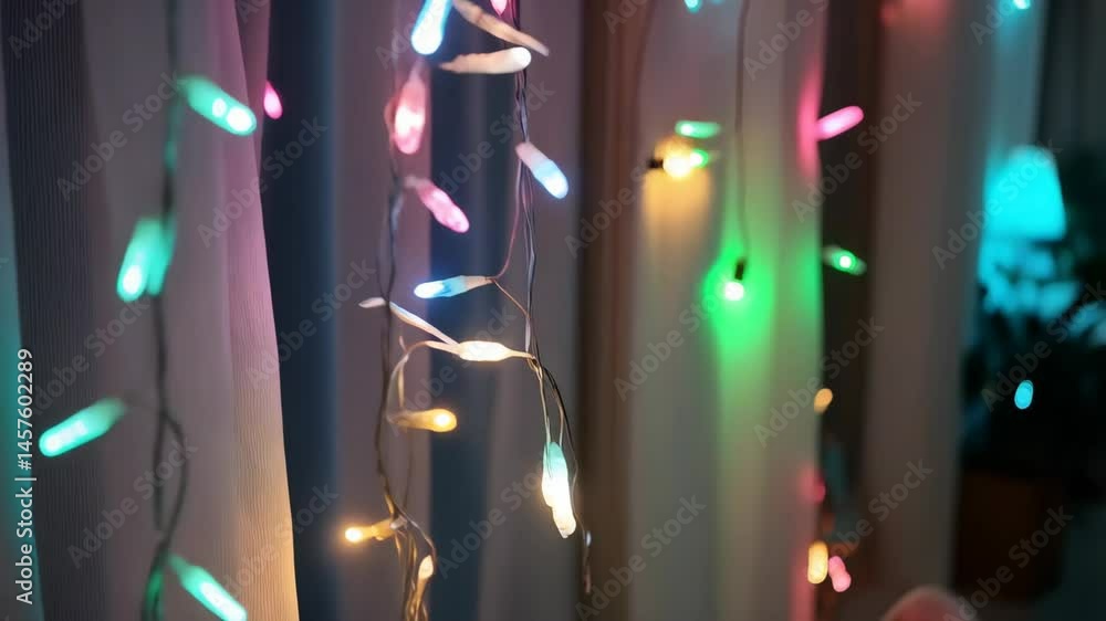Poster pastel christmas lights hanging in front of white vertical blinds create a soft and festive mood wit