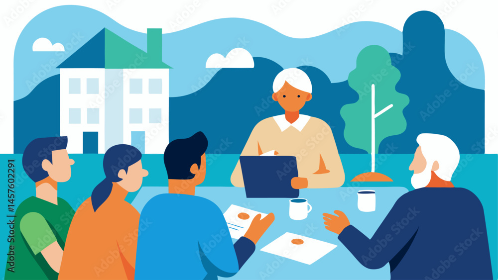 Poster community meeting illustrating a group of concerned residents discussing plans on how to deal with r