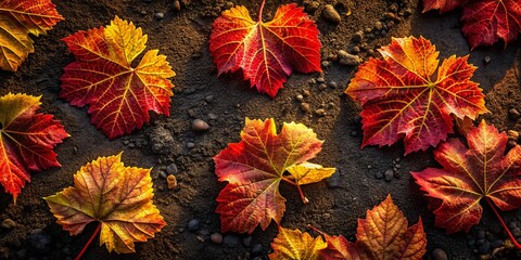 Fototapeta premium Aerial Autumn Vineyard: Drone Shot of Grape Leaves Pattern on Dark Earth
