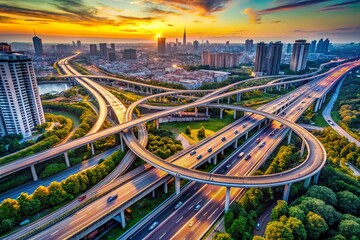 Fototapeta premium Aerial City Highway Interchange - Complex Road Network Overpass