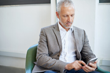 Break, mature or businessman in office with smartphone for social network, blog media website or...