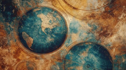 Naklejka premium Antique world maps adorn a weathered, aged ceiling.