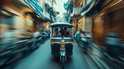 Naklejka premium family riding tuk-tuk through narrow alley, motion blur