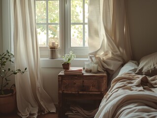 A bed with a wooden nightstand and a potted plant. The nightstand has a few books on it