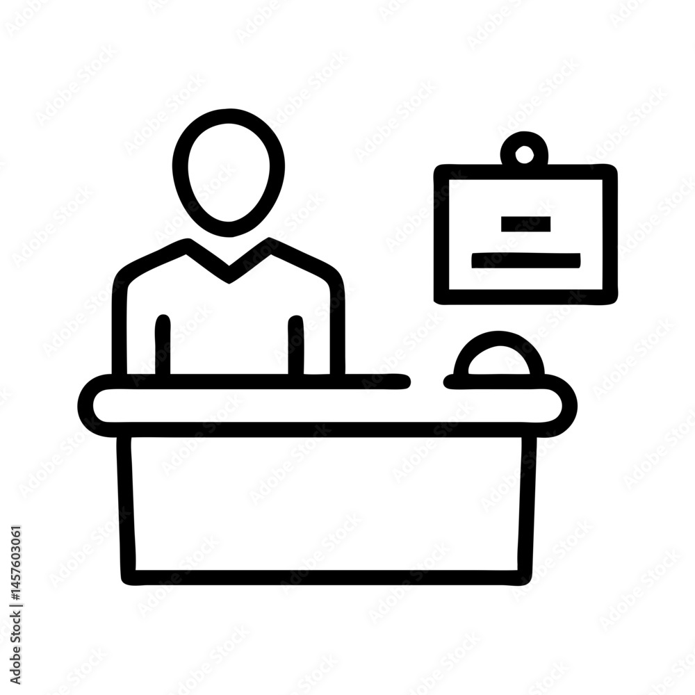 Poster reception icon with staff at desk and nameplate outline design and copy space