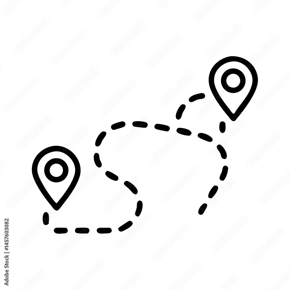 Poster route icon with location pins and dotted path outline design and copy space