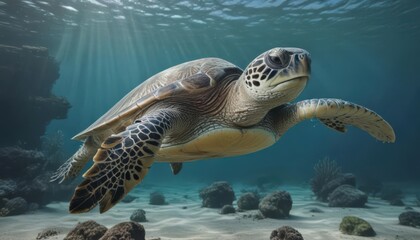 Fototapeta premium Sea turtle looking at camera, underwater scene, wildlife, animal photography, ocean