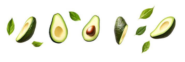 Arrangement of Avocado Halves and Green Leaves on a Dark Background