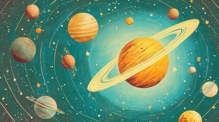 Naklejka premium Colorful celestial bodies in swirling cosmic space.