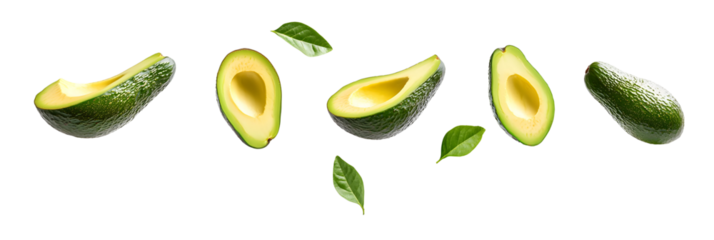 Elegant display showcasing fresh avocado halves with leaves on a dark backdrop