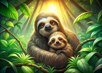Obraz premium Aerial Drone Shot: Mother and Baby Sloth Embrace - Line Art Style