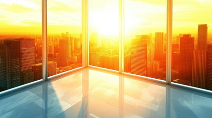 Modern office cityscape sunrise view panoramic window