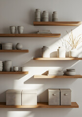 Open kitchen shelving with white ceramic dishes and natural light creating shadow patterns
