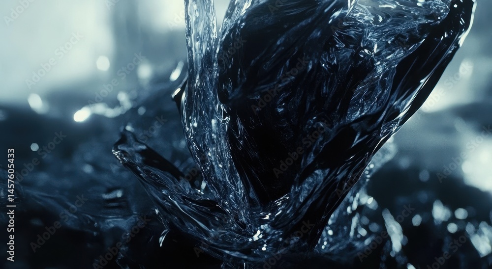 Poster abstract close-up of dark, swirling liquid, creating dynamic, textured forms with translucent highli