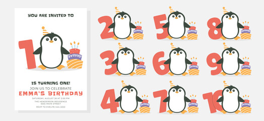 Greeting and invitation card for kids Birthday party. Cute baby penguin, cake, numbers in flat childrens style. Vector illustration, design for card, poster, event © Dukhanina Ekaterina
