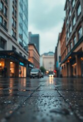 Fototapeta premium wet street with buildings and cars on it