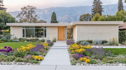Modern ranch house exterior with colorful garden and landscaping