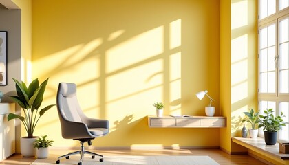 A bright yellow room with a desk and chair