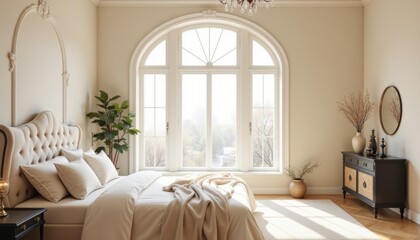 A bedroom with a large window and a plant on the nightstand