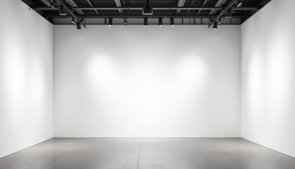 A large empty room with a white wall and a black ceiling
