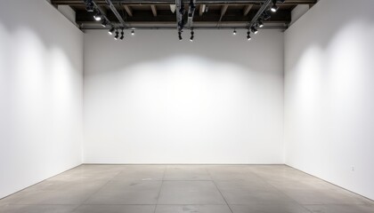 A large empty room with a white wall and a black ceiling