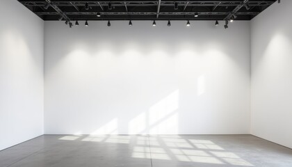 A large empty room with a white wall and a black ceiling