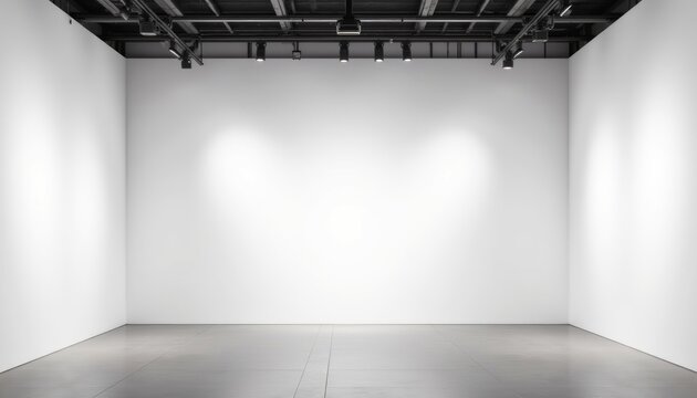 A large empty room with a white wall and a black ceiling