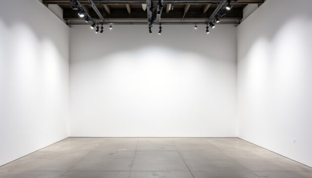 A large empty room with a white wall and a black ceiling