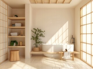 Fototapeta premium A bathroom with a white bathtub and a wooden bench. A potted plant is on the bench