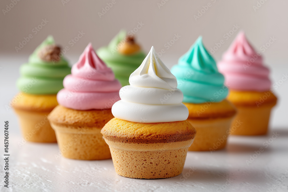 Aufkleber mini cupcakes arranged neatly in a line with pastel frosting, evoking a playful and inviting atmosph