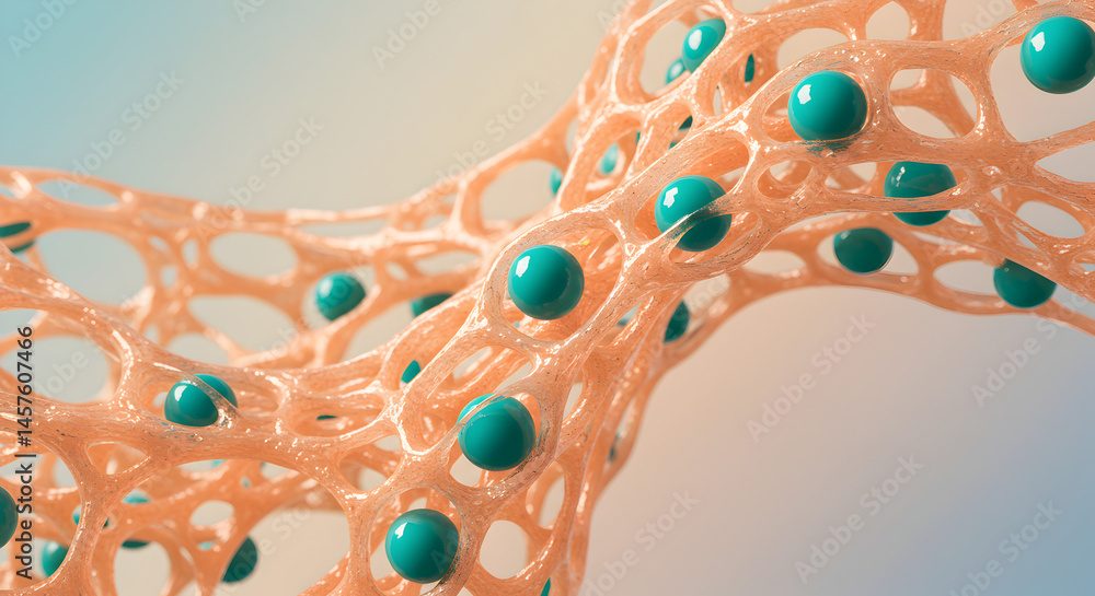 Poster intricate orange net with teal spheres a captivating interconnected network with gradient blue backg