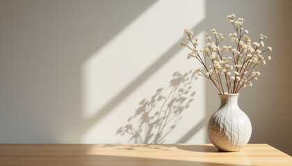 A vase of white flowers sits on a wooden table