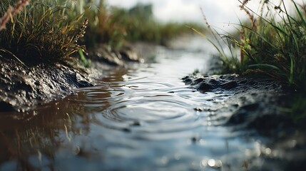 雨上がりのぬかるんだ道と静かな水たまり