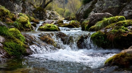 Fototapeta premium 苔むす岩を流れる清らかな渓流