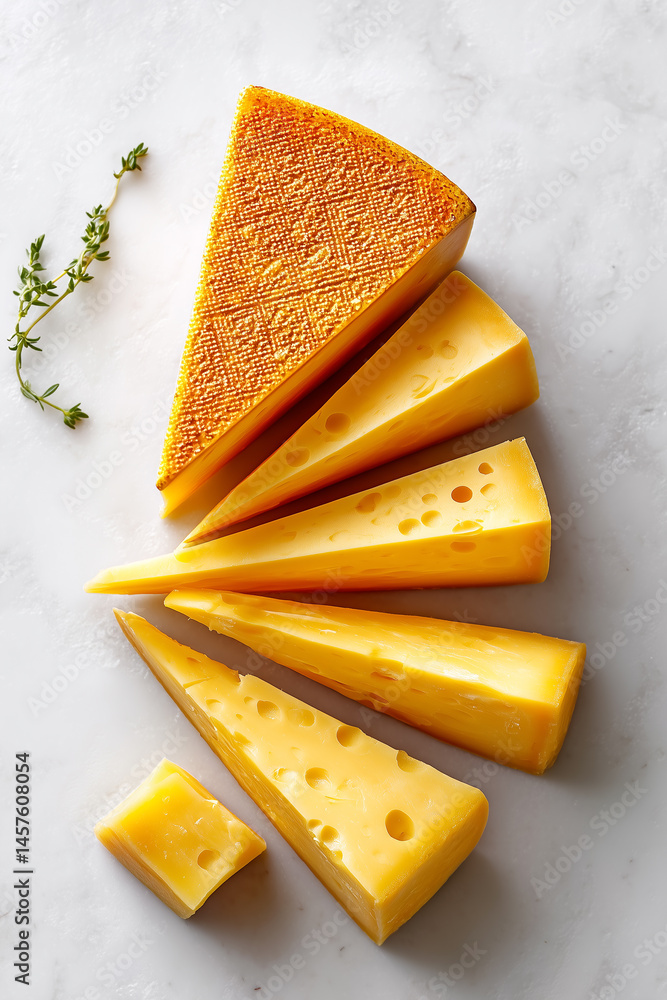 Poster gouda cheese block sliced with various textured wedges displayed on clean white studio background. c