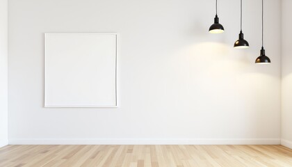 A white frame with a black border sits on a wooden floor