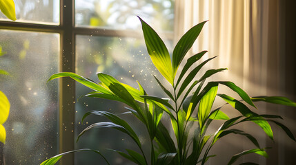 Sunlight Streaming Through a Window: A close-up of a vibrant green indoor plant, bathed in the warm rays of sunlight streaming through a window. The soft, diffused light creates a captivating glow.